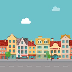 The street with facades of old buildings. Seamless pattern.