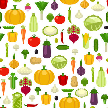 Vector vegetables seamless pattern background. Colorful template for cooking, restaurant menu and vegetarian food. Vegetables design elements and icons for web, stores, package and advertising.