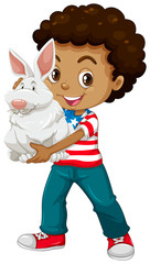 American boy holding a white rabbit