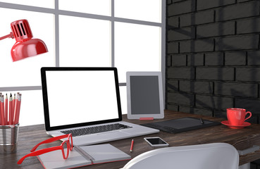 3D illustration laptop and work stuff on table near brick wall, Workspace