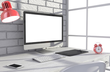 Fototapeta premium 3D illustration PC screen on table in office, Workspace
