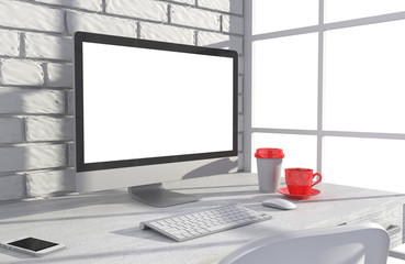 Fototapeta premium 3D illustration PC screen on table in office, Workspace