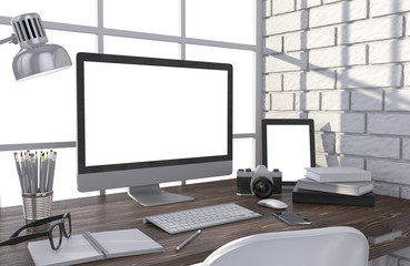 Fototapeta premium 3D illustration PC screen on table in office, Workspace