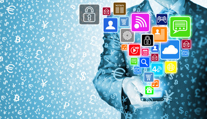 Business man using smart phone with social media icon set