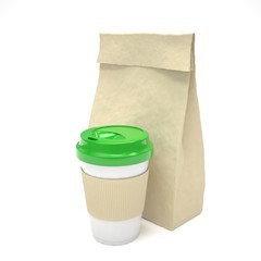 Coffee to go and lunch bag, on white.
