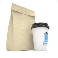 Coffee to go and lunch bag, on white.