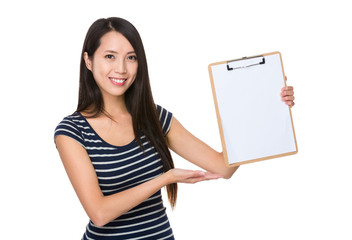 Asian Young Woman showing with clipboard