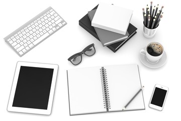 office stuff on table, workplace, top view