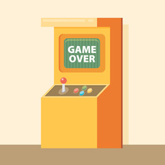 Retro arcade machine with game over message. Flat style vector 