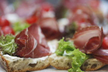 Small sandwich with mozzarella prosciutto and tomato