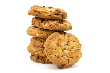 Oatmeal cookies with cranberries on a white background.