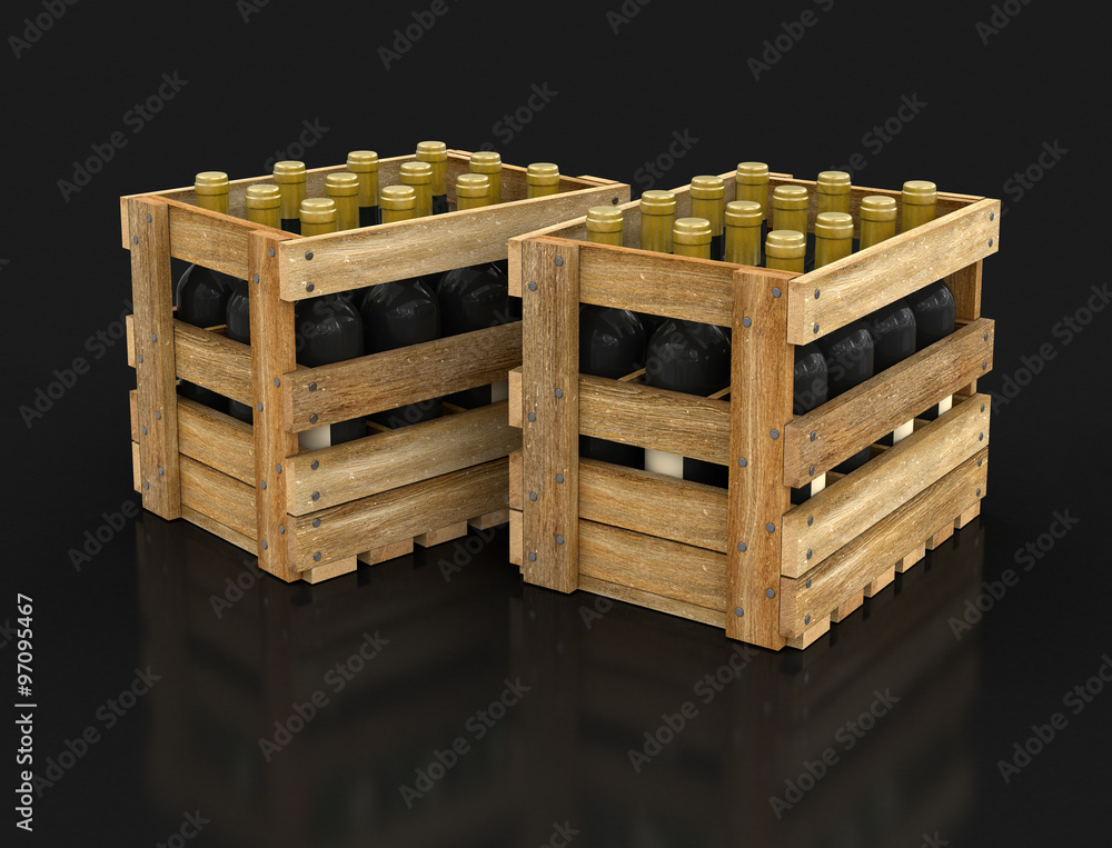 Poster wooden boxes with wine bottles. image with clipping path