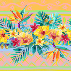Fototapeta na wymiar Tropical leaves and flowers on ornamental background. Floral design background.