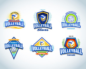 Volleyball logo templates set. Volleyball emblem, logotype template, t-shirt apparel design. Volleyball ball. Sport team badge for tournament or championship. Vector set.