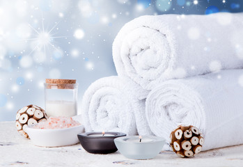 spa concept, wellness objects on wood plant , christmas background. Present holiday concept. 