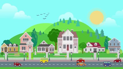 Flat cartoon city town suburb with mountains on background. Sunrise and sunset looped animated. Road transport street traffic before line of low-rise buildings townhouse mansion house. 