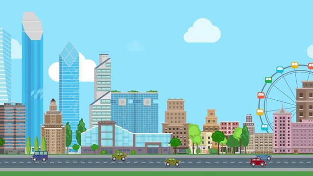 Flat cartoon panoramic city day looped animated background. Business center and historic skyscrapers with road highway avenue transport street traffic. 