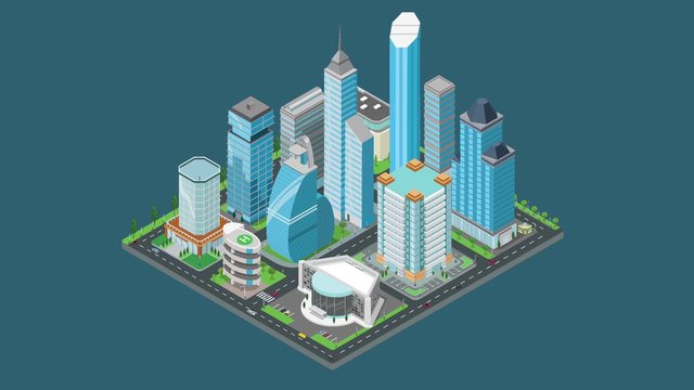 Flat 3d isometric animated megalopolis business city center building infographics concept. Skyscrapers mall municipal office parking concert hall. 
