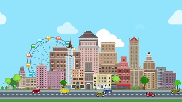 Flat cartoon city sunset and sunrise looped animated background. Historic skyscrapers with road highway avenue transport street traffic. 