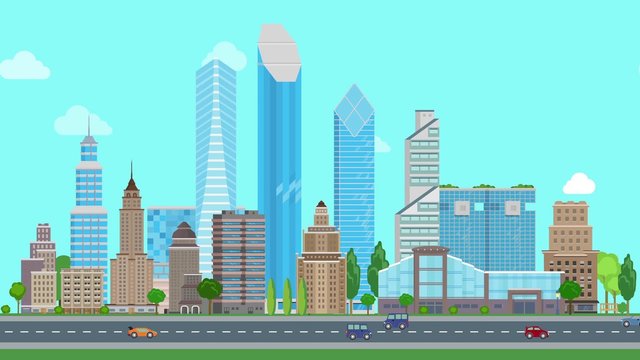 Flat cartoon city day looped animated. Business center with road highway avenue animated transport street traffic. Urban lifestyle collection.