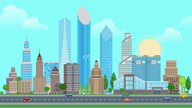 Flat cartoon city day and night, sunset and sunrise animation. Business center with road highway avenue animated transport street traffic. Urban lifestyle collection.
