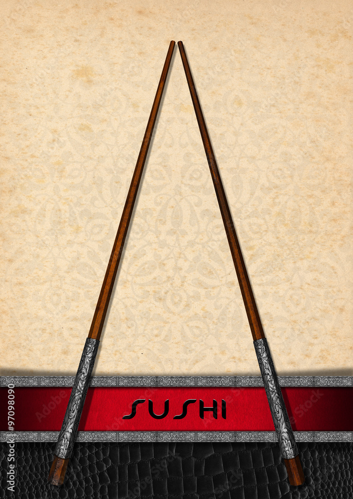 Poster sushi menu design / sushi menu design with wooden and silver chopsticks on a yellowed background wit