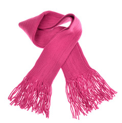 knitted pink scarf with fringe on white background