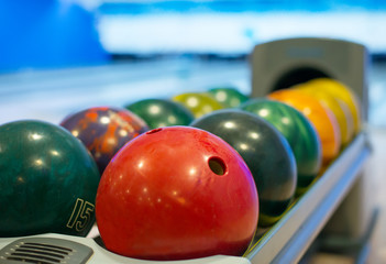 Close-up view of balls in bowling club.