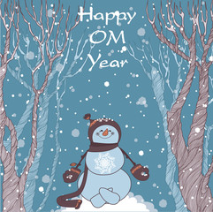 Snowman in forest meditating in the lotus posture and wished everyone happiness