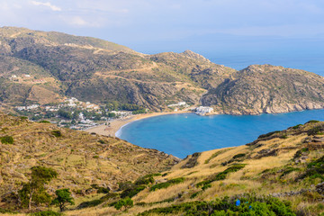 Picturesque sea coast, Mylopotas beach, IOS island, Cyclades, Greece.