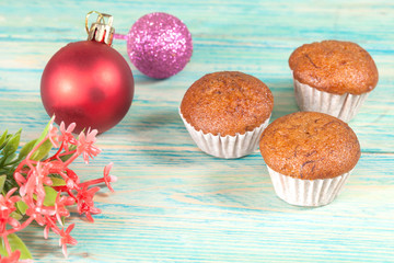 banana cup cake on wood deck .