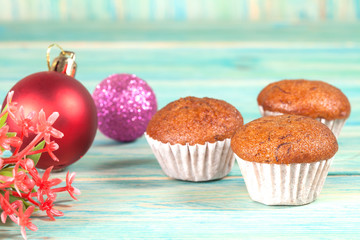 banana cup cake on wood deck .