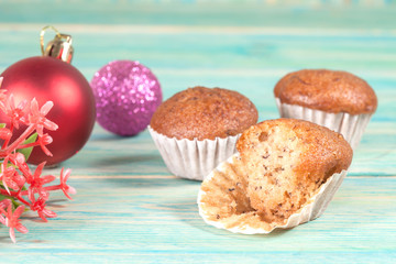 banana cup cake on wood deck .