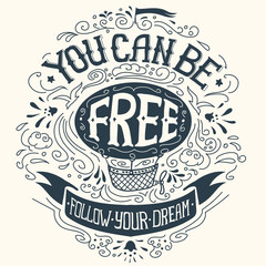 Hand drawn vintage print with a hot air balloon and hand lettering