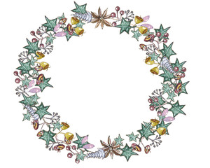 wreath with leaves /small grass leaves, berries, branches watercolor painting 