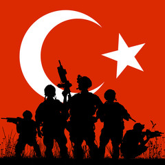Fototapeta na wymiar turkish soldier with helicopters on the turkish flag background