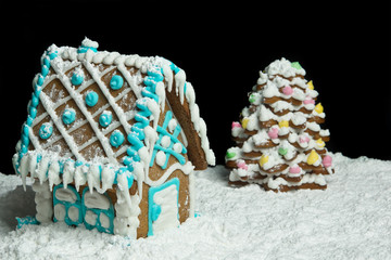 Gingerbread house and christmas tree