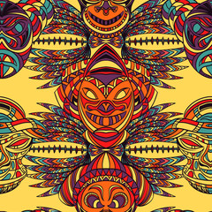 Seamless pattern with tribal mask and aztec geometric latin American ornament. Hand drawn vector illustration