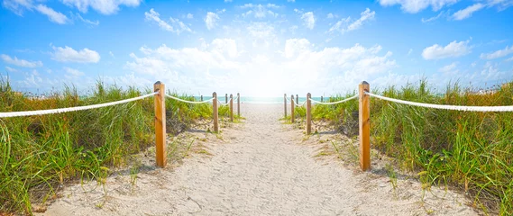 Acrylic prints Beach and sea Path of sand going to the beach and ocean in Miami Beach Florida , on a beautiful summer morning with blue sky