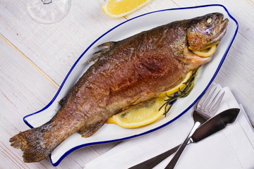 Whole grilled trout. View from above, top studio shot