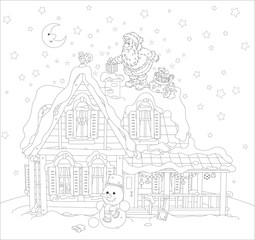 Fototapeta na wymiar The night before Christmas, Santa Claus putting his holiday presents in a chimney on a snow-covered roof of a house, a black and white vector illustration