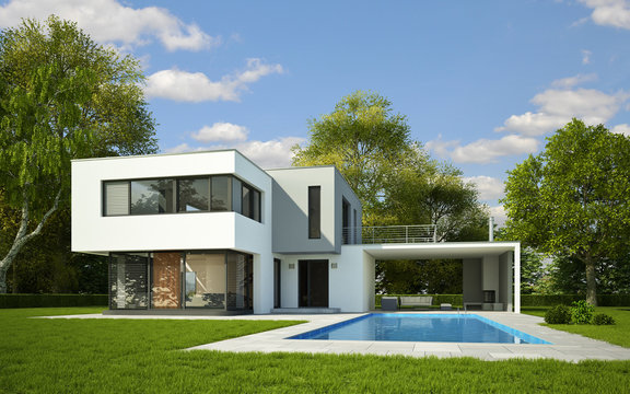 Kubus weiss_grau mit Pool am Tag