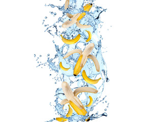 Obraz na płótnie Canvas Bananas in water splash, isolated on white background