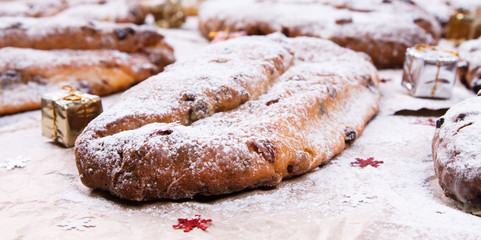 Dresdner stollen is a traditional German cake with raisins.Christmas treat.selective focus