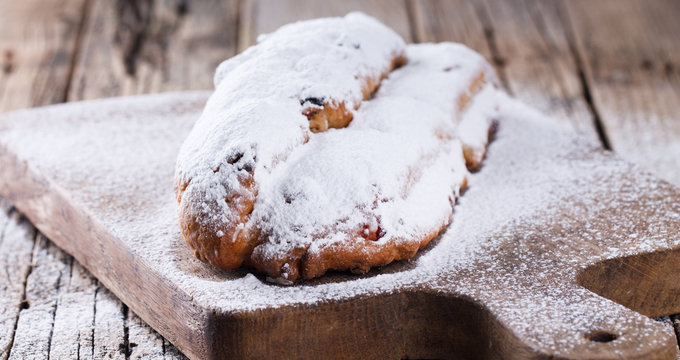 Dresdner stollen is a traditional German cake with raisins.Christmas treat.selective focus