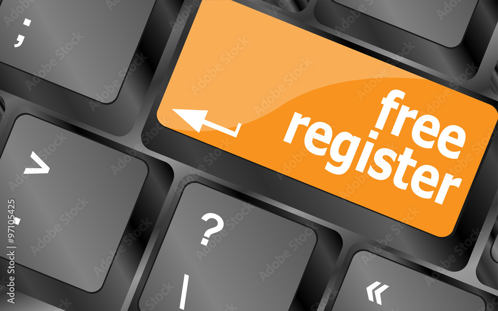 Poster free register computer key showing internet login, vector illustration
