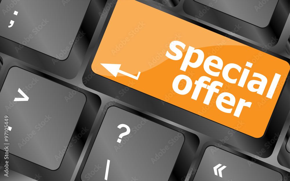 Poster special offer button on computer keyboard keys, vector illustration