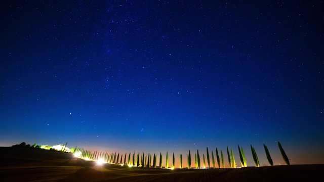 Starry Sky over the Cypress Alley. Time Lapse 4K