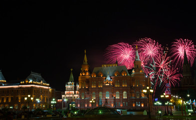 Festive fireworks against the Historical museum, Moscow