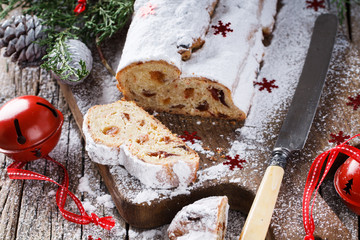 Dresdner stollen is a traditional German cake with raisins.Christmas treat.selective focus